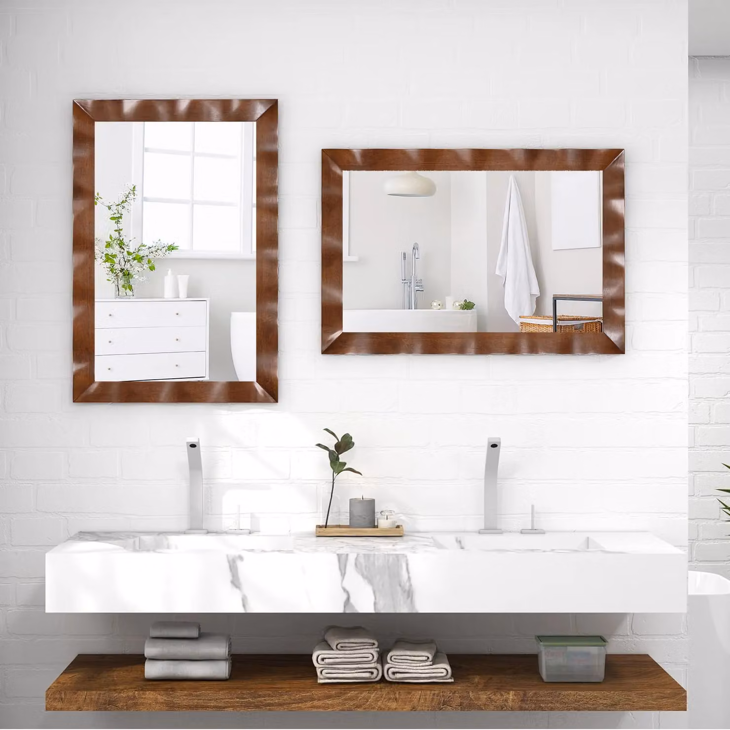 Gymax Farmhouse Rustic Rectangular Wall Mirror with Solid Wood Frame, Brown, W: 106 cm, H: 71 cm – 5
