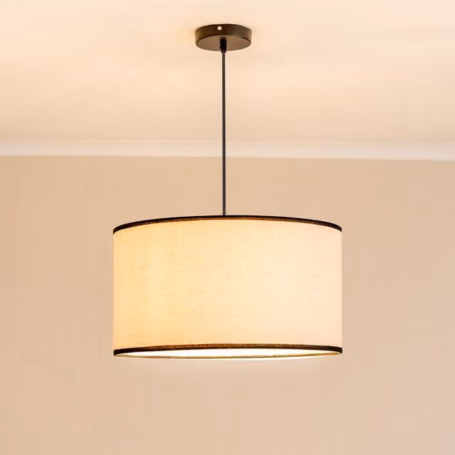 ValueLights Eva Natural Linen Fabric Drum Lampshade with Black Trim and LED Bulb, Width: 45 cm