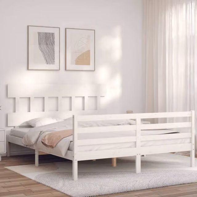 Berkfield Home Beautiful Solid Wood Bed Frame with Headboard in White, W/D/H: 160 x 200 x 81 cm – 1