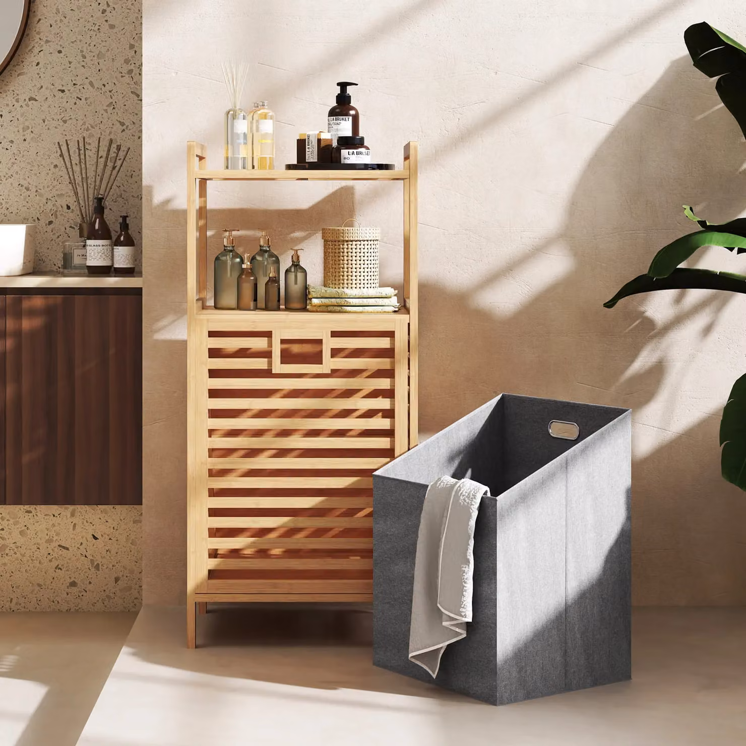 Costway Bamboo Tilt Out Laundry Hamper Cabinet with Storage Shelves in Natural Brown – 5