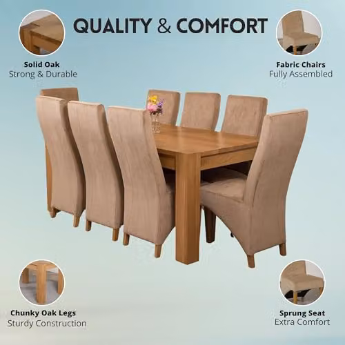 Thats Furniture Kuba Oak Dining Table and 8 Lola Upholstered Beige Fabric Chairs Set, W: 180 cm, D: 90 cm, H: 78 cm – 2