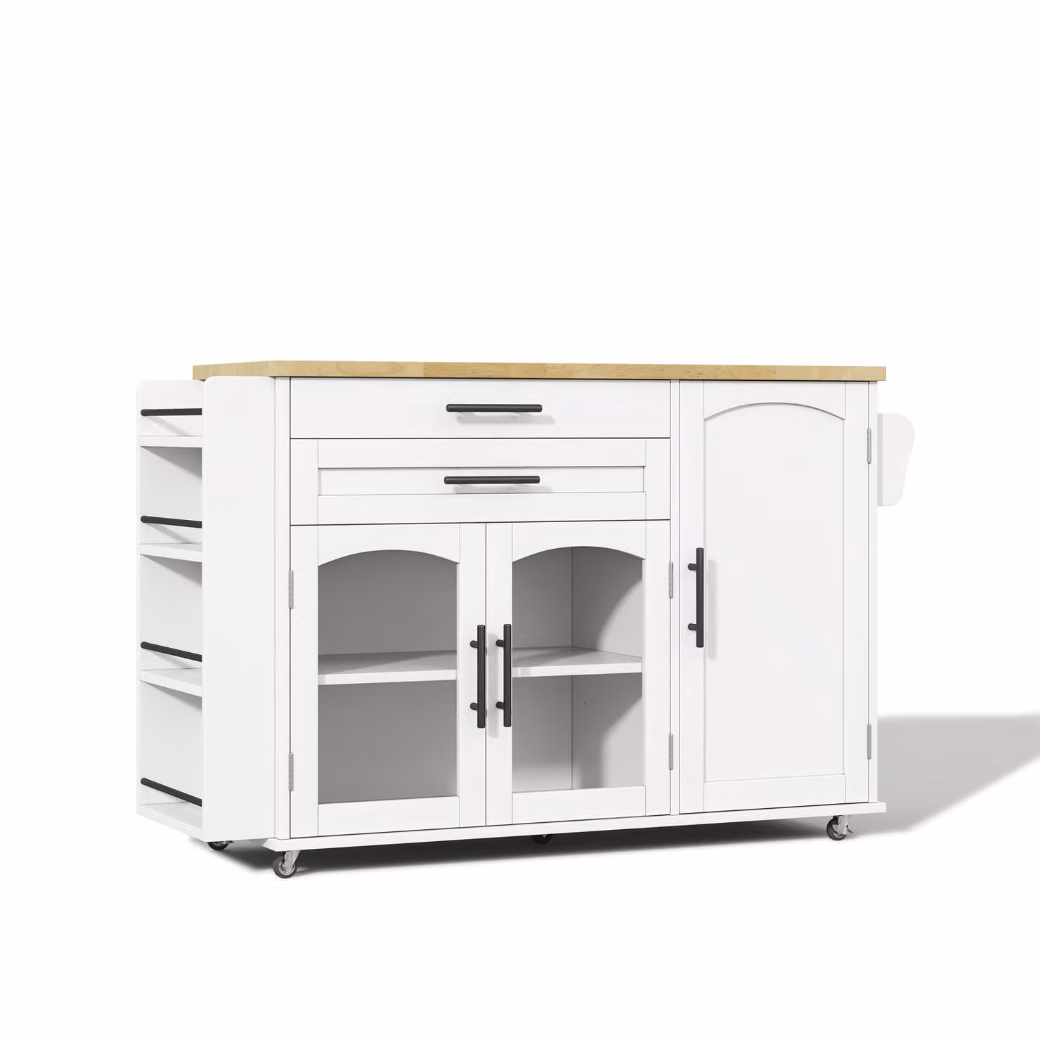 Aosom UK Mobile Kitchen Island Trolley with Glass-Door Storage Cabinet and Lockable 360 Degree Wheels, White, W/D/H: 70 x 70 x 90 cm – 2