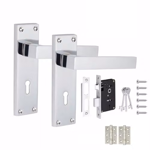 Golden Grace Straight Delta Lever Lock Set with Hinges and Key Lock in Silver Zinc – 1
