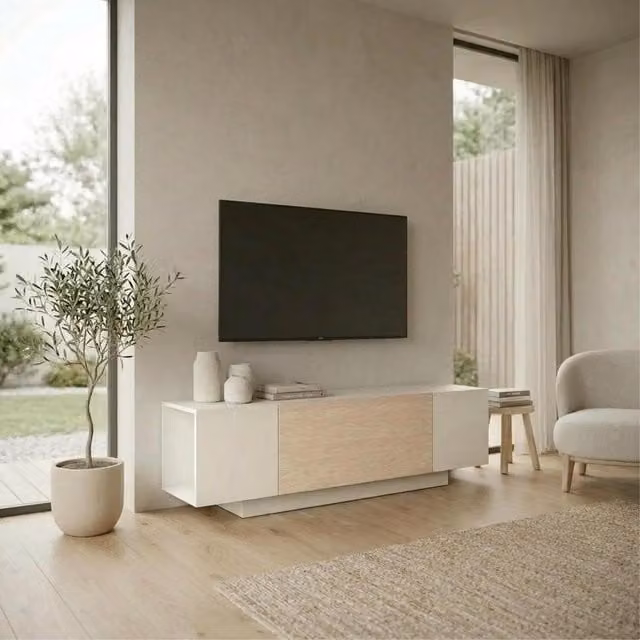 Decortie Victor TV Unit with Open Display Shelf in Beige and White Oak, W/D/H: 150 x 45.5 x 37 cm