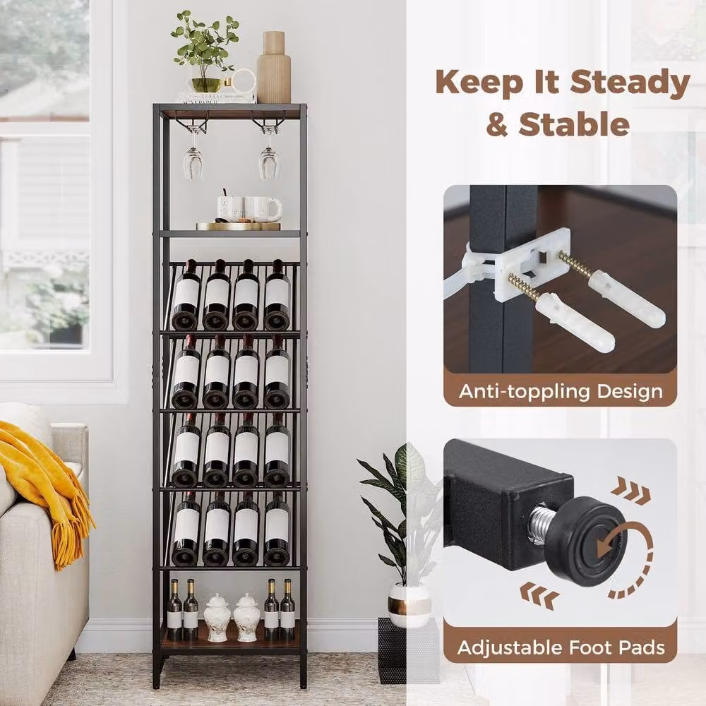 Gymax 7-Tier Freestanding Wine Rack and Liquor Storage Stand with Glass Holder in Brown – 8