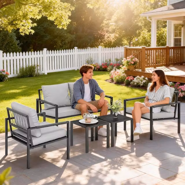 Outsunny Modern L-Shape Garden Furniture Set with Upholstered Cushions, Coffee Table and Armchair in Grey