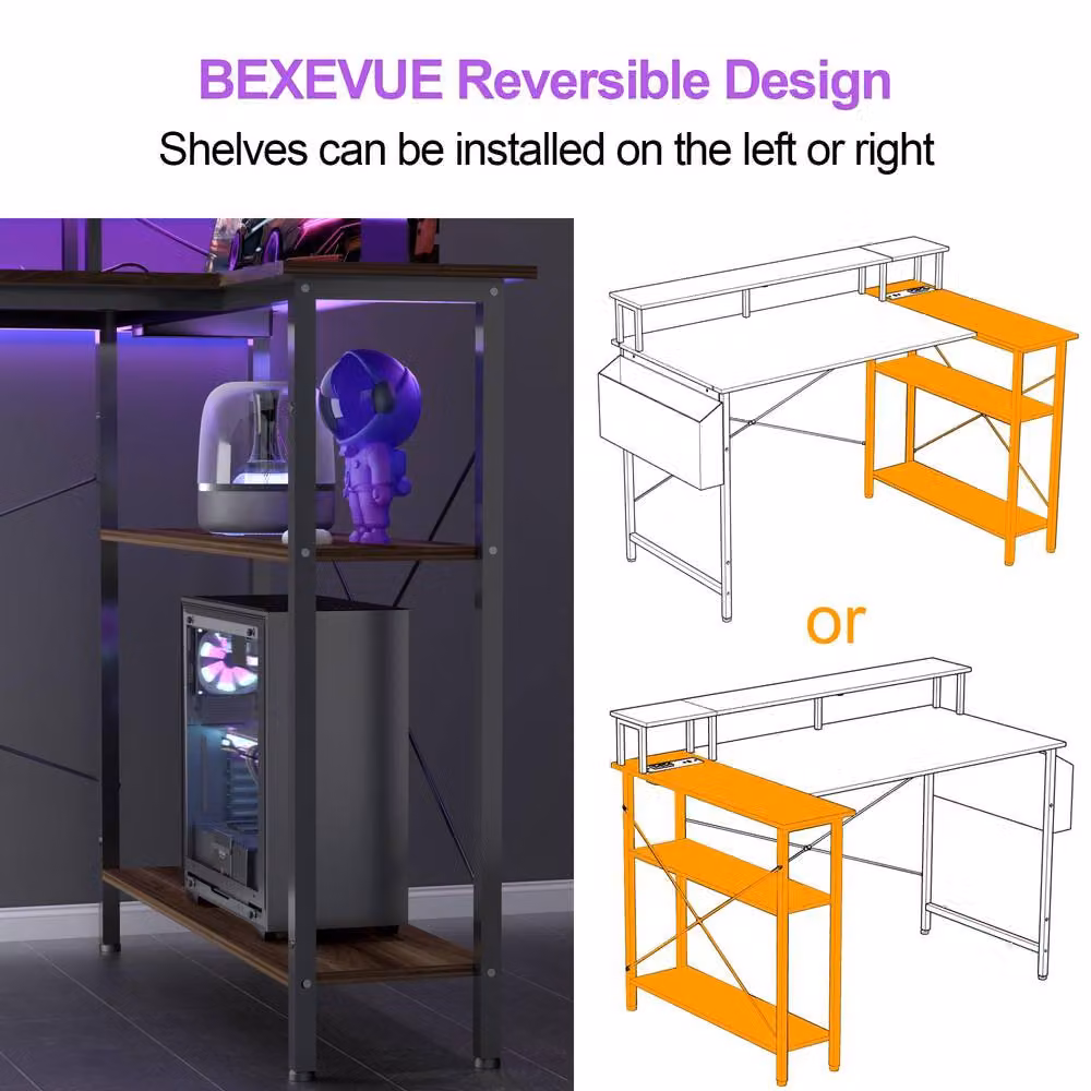 BEXEVUE L-Shaped Gaming Desk in Dark Walnut with Power Outlets and LED Lights, W: 120 cm, D: 70 cm – 4