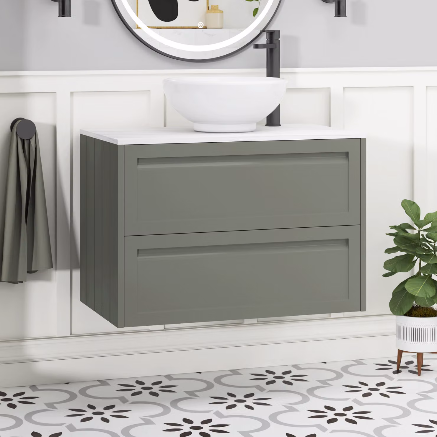 Royal Bathrooms Elmore Wall Hung 2 Drawer Vanity Unit with Breeze Basin in Matt Green and White, Width: 80 cm