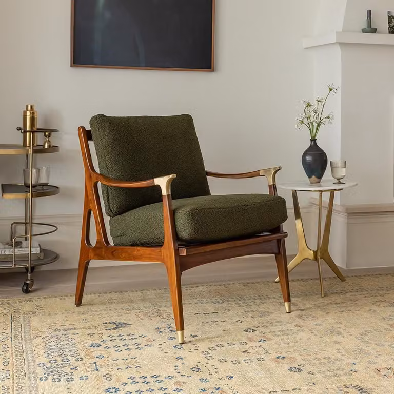 Atkin and Thyme Mid-Century Green Bouclé Armchair with Acacia Wood Frame