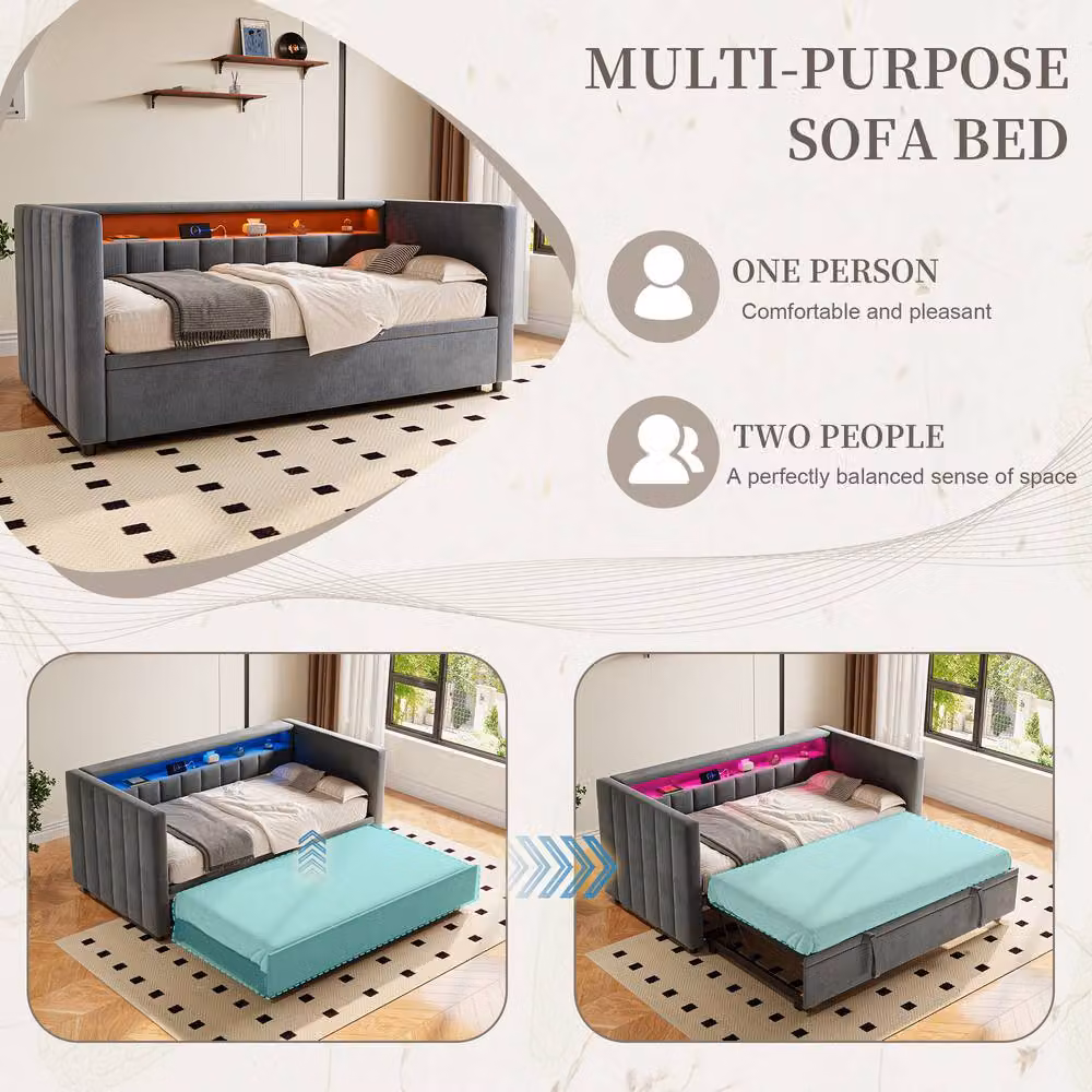 STILVORA 3ft Single Upholstered Bed Frame with USB in Grey – 6