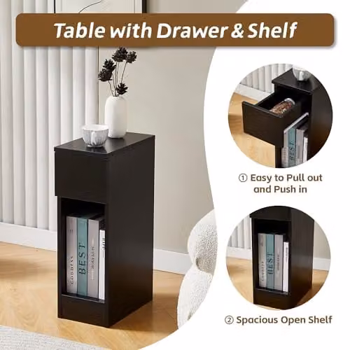 MCC Direct Ava Slim Solid Wooden Bedside Table with Open Shelf and Drawer, Black – 4