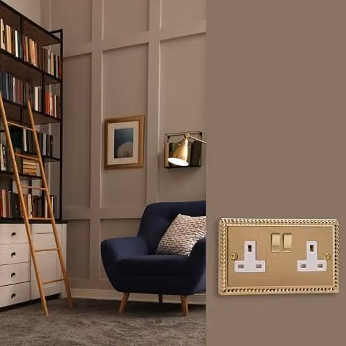 Varilight Double Switched Flush Socket in Gold and White with Brass Plate – 2