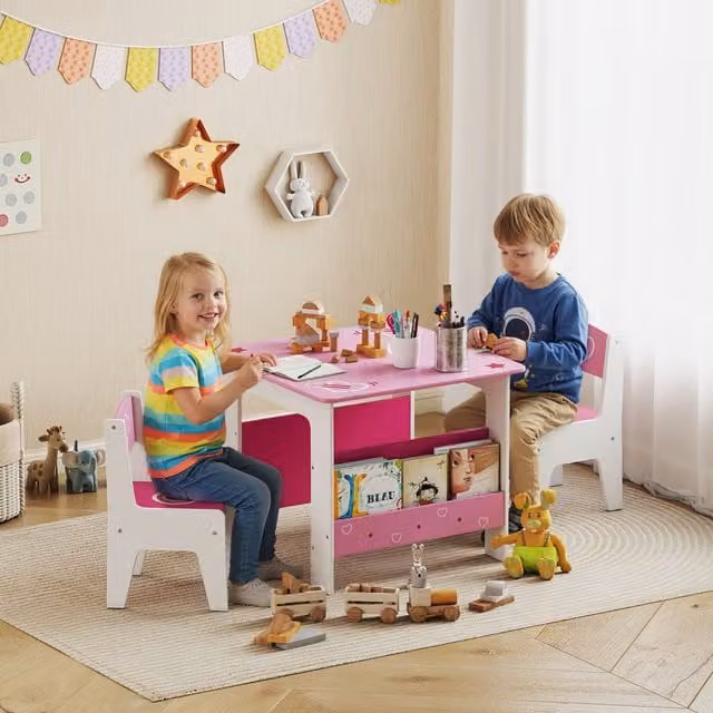 AIYAPLAY Kids Table and Chair Set with Bookshelves in Pink