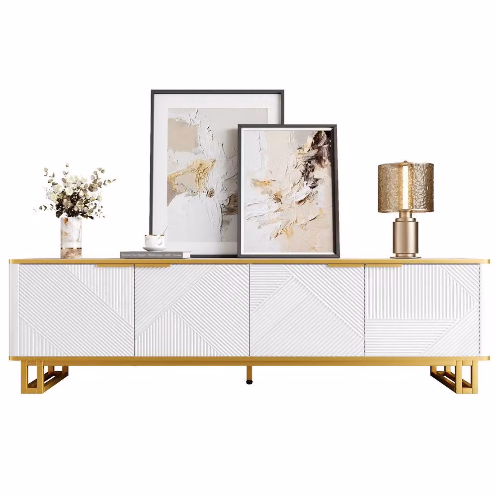 Rolipo White and Gold Low TV Stand Cabinet with Four Doors, 160cm – 3