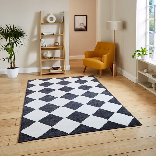 Terrys Modern Checkerboard Washable Rug in Anthracite and White