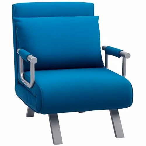 HOMCOM Blue Microfibre Click Clack Convertible Single Chair Bed with Metal Frame and Armrests – 1