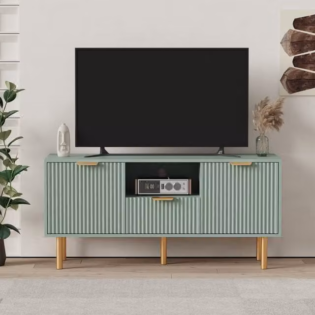 HMD Modern Geometric Metal TV Stand in Green and Gold with Matt Finish