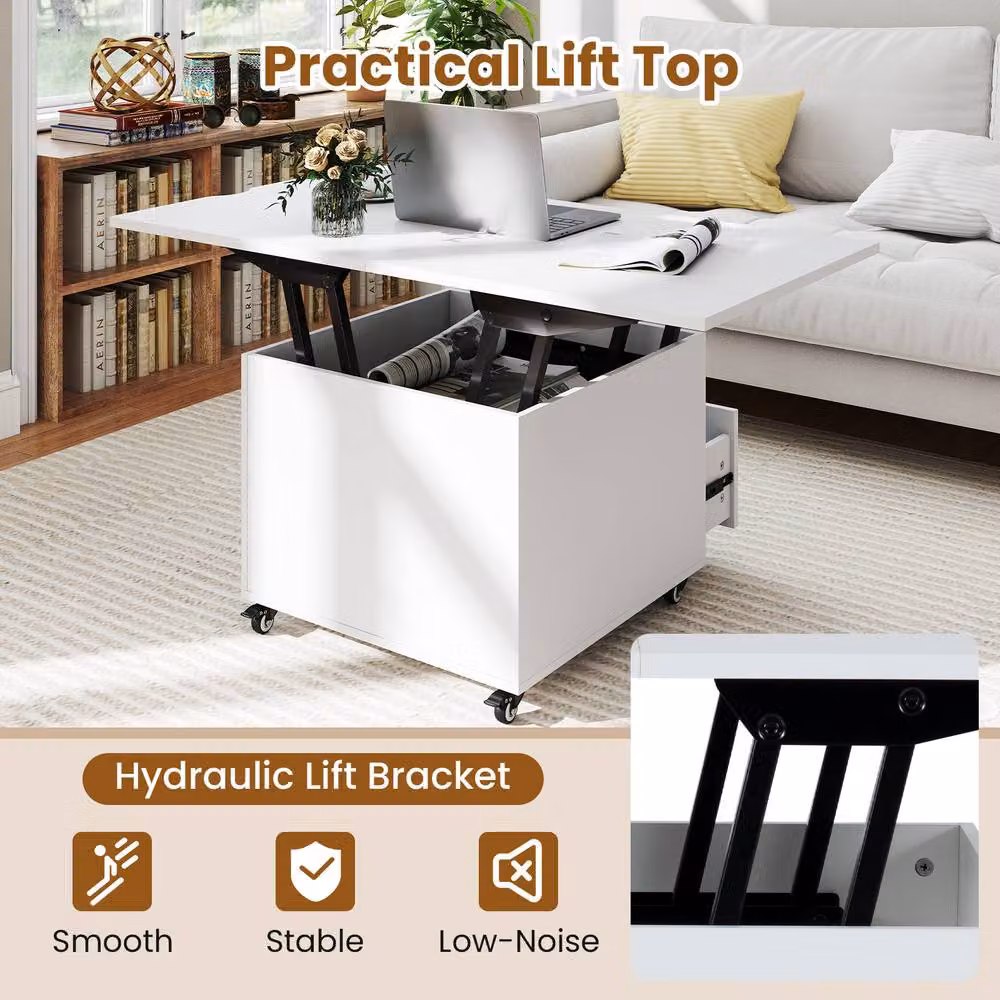Costway 3-in-1 Folding Lift Top Coffee Table with Hidden Storage in White – 6