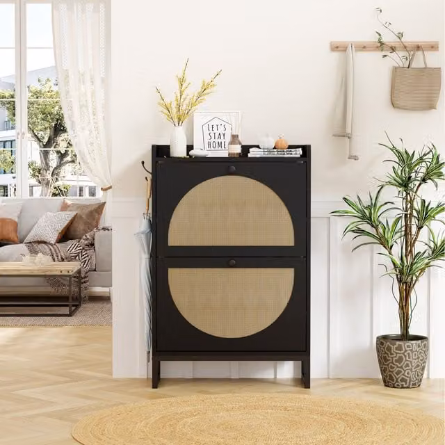 HMD 2 Door Rattan Design Shoe Storage Cabinet in Black and Natural
