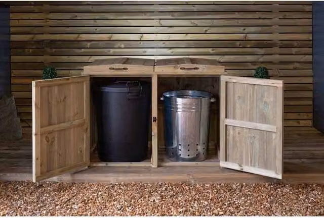 Buttercup Farm Paythorne Double Timber Dustbin Store in Brown, W122.5 x D64 x H88 cm
