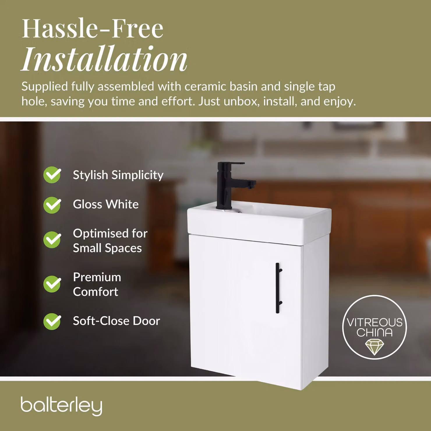 Balterley Modern Gloss White Wall Mounted Vanity Basin with Gold Hinged Soft Close Doors, Width: 40 cm – 4