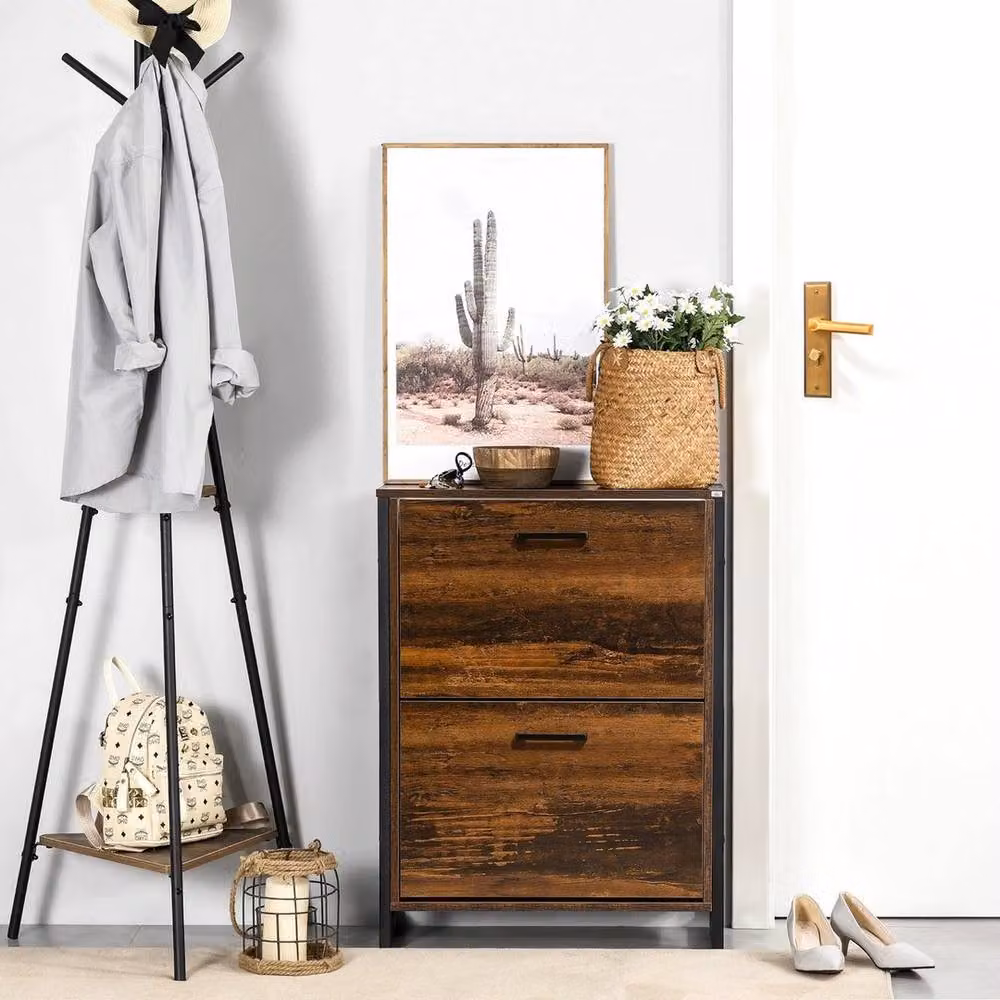 KORVIXA Brown Narrow Shoe Cabinet with 2 Doors and 2 Drawers, W/D/H: 100 x 100 x 100 cm – 3