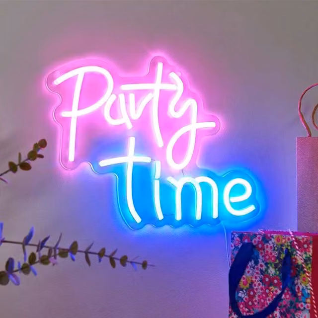 Marco Paul LED Neon Party Time Wall Art Sign in Pink, Blue and Multicolour