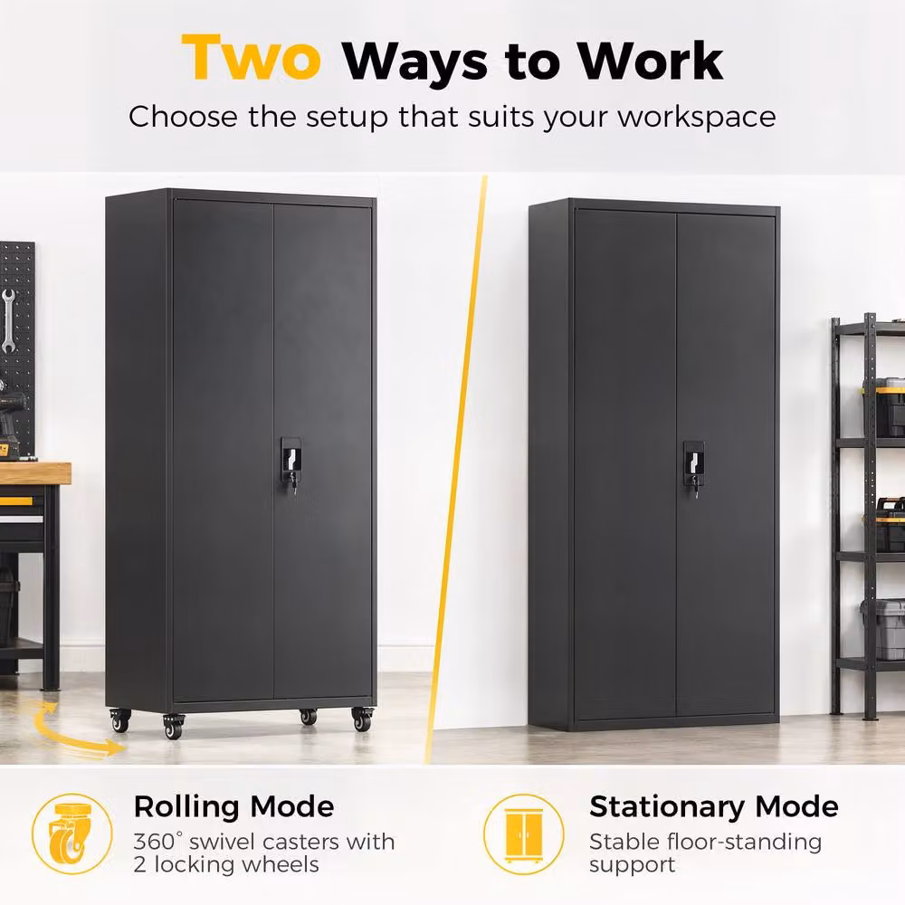HOMCOM Industrial Metal Storage Cabinet with Hinged Doors and Internal Shelves in Matt Black – 5