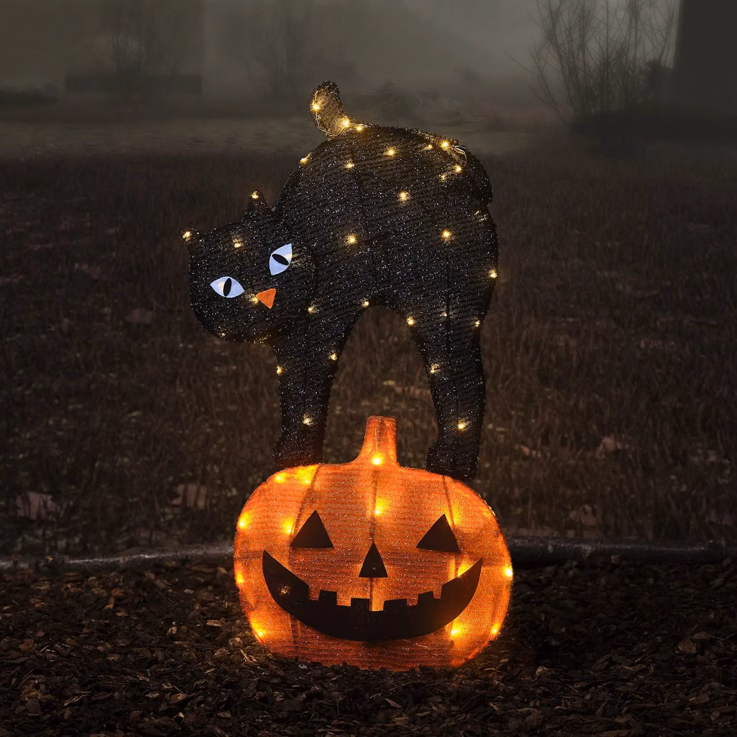 Lights4Fun Halloween Cat and Pumpkin Outdoor Stake Light with Black Cat and Jack O’Lantern 2D Figures and Warm White LEDs – 1