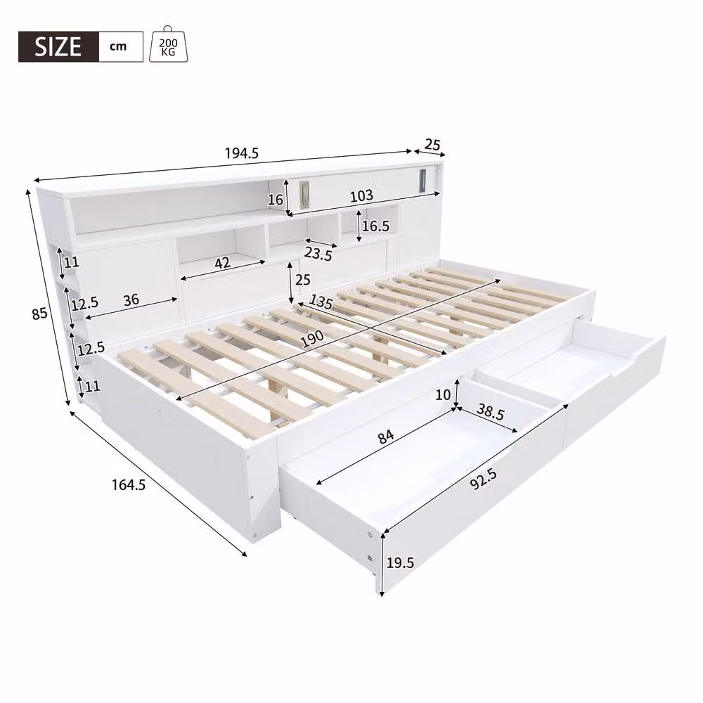 Merax White Double Storage Bed with Drawers and Bedside Shelf, W/D/H: 135 x 190 x 200 cm – 2