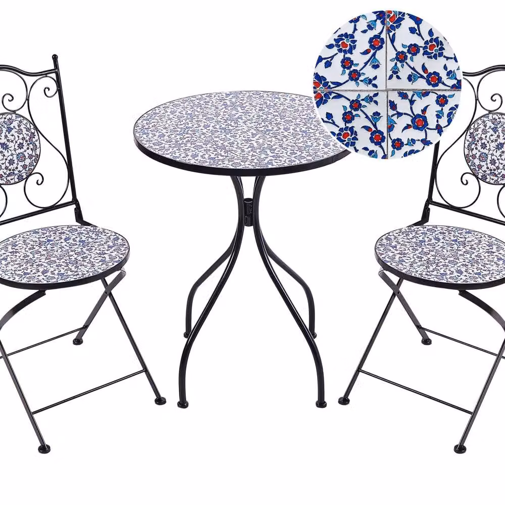 Wyld and Coco Mediterranean Bistro Set in Black Powder Coated Iron and Blue Floral Ceramic – 2