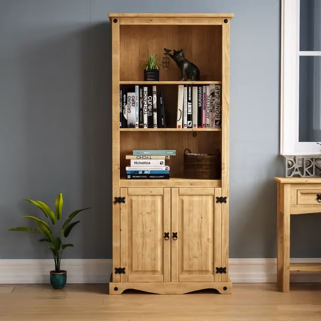 Vida Designs Vintage Waxed Pine and Metal 2 Door Bookcase in Brown