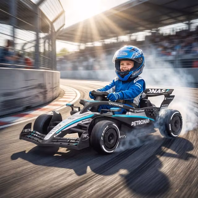 AIYAPLAY Licensed Mercedes-AMG PETRONAS F1 Electric Go Kart for Kids in Black and Multicolour with Rechargeable Battery and Push Handle
