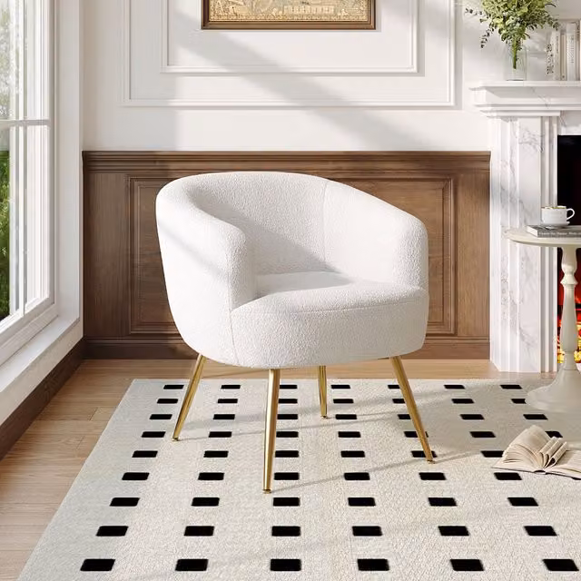 Livingandhome White Bouclé Fabric Tub Armchair with Solid Wood Frame and Metal Legs