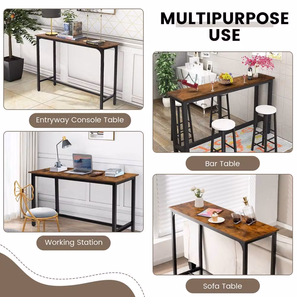 Costway Brown Industrial Bar Table with Footrest and Steel Frame, Width: 120 cm – 4