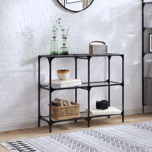 Berkfield Home Modern Console Table with Transparent Glass Top and Black Steel Frame, W/D/H: 98 x 30 x 81 cm – 1