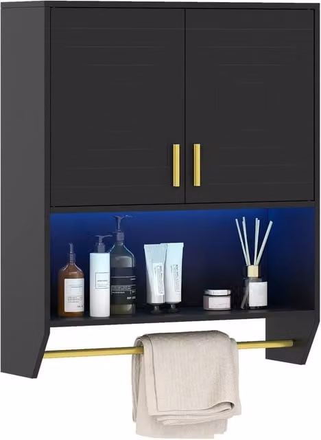 Costway Wall Mounted Black Bathroom Cabinet with Integrated Lighting and Internal Shelves
