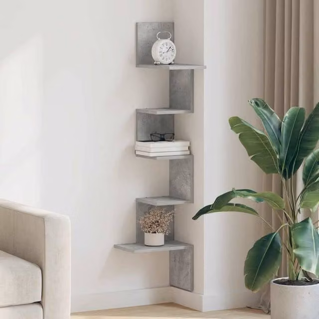 Berkfield Home Wall Mounted Corner Shelf in Concrete Grey, W/D/H: 32 x 32 x 127.5 cm