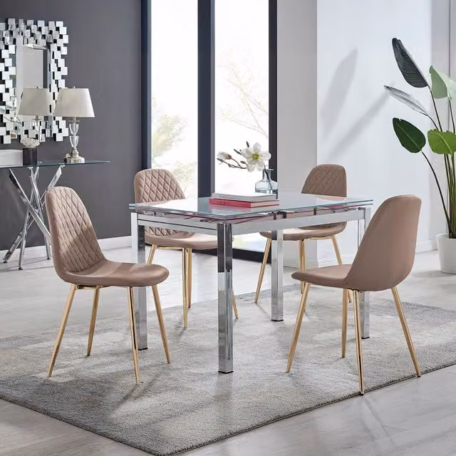 FurnitureboxUK Enna White Glass Extending Dining Table and 4 Corona Gold Leg Chairs in Cappuccino
