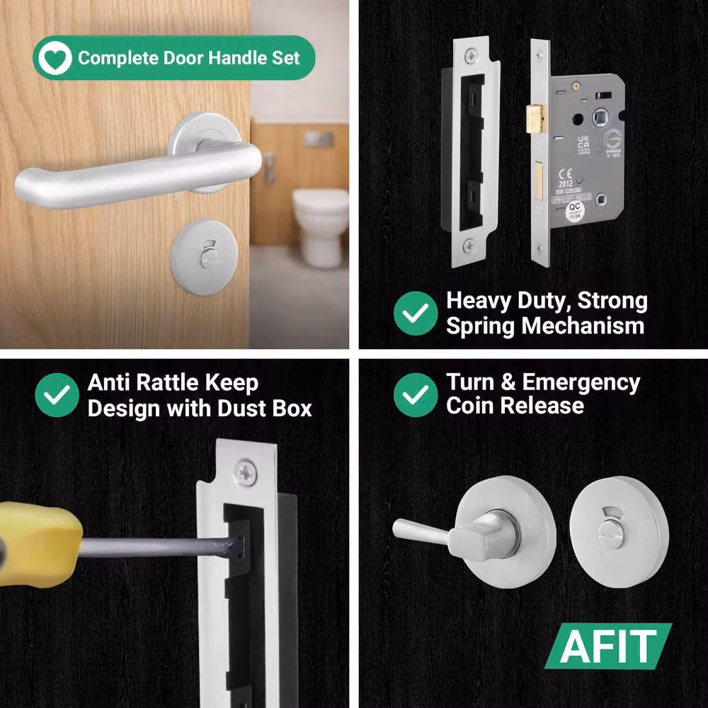 AFIT Satin Aluminium Return to Door Handles with Bath Lock in Silver, 150 x 150 mm – 3