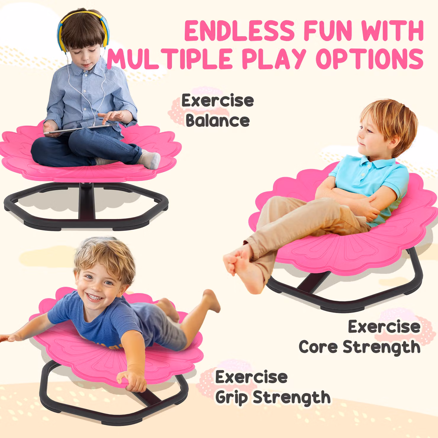 AIYAPLAY Flower-Shaped Sensory Spinning Chair for Children with Non-Slip Base, Pink – 5