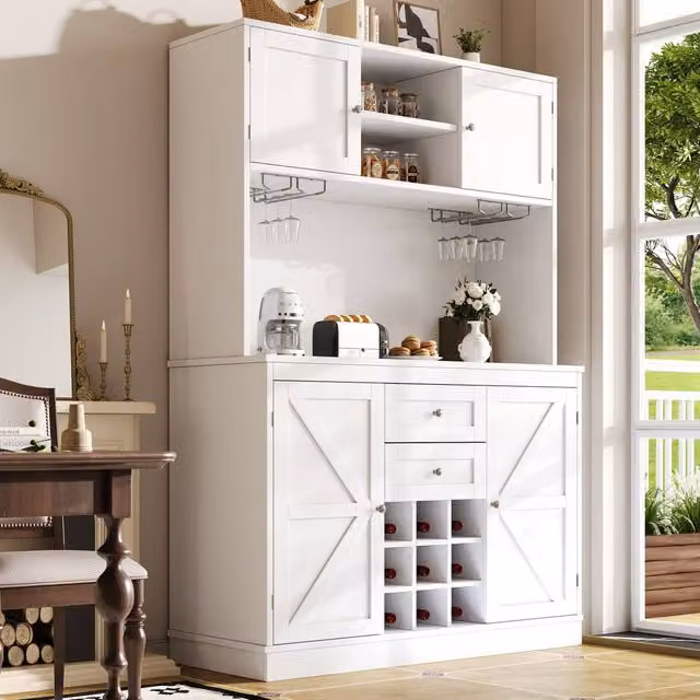 Rolipo Tall Kitchen Pantry Cabinet with Wine Rack and Open Shelving, White and Black