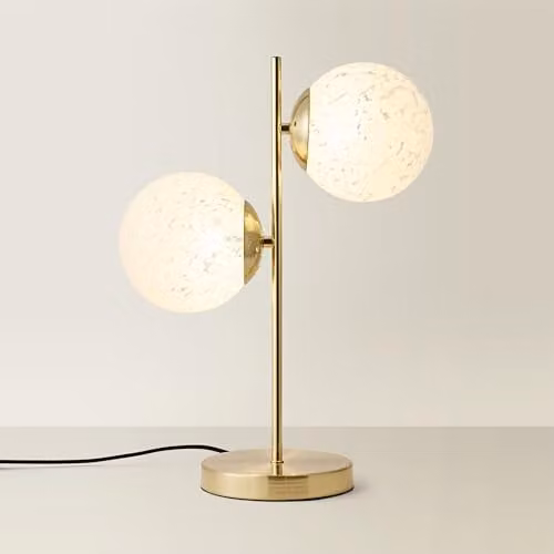ValueLights Jas Gold 2 Way Table Lamp with White Confetti Glass Globe Shades, Gold/Brass and White, H 46 cm x W 33 cm x D 16 cm