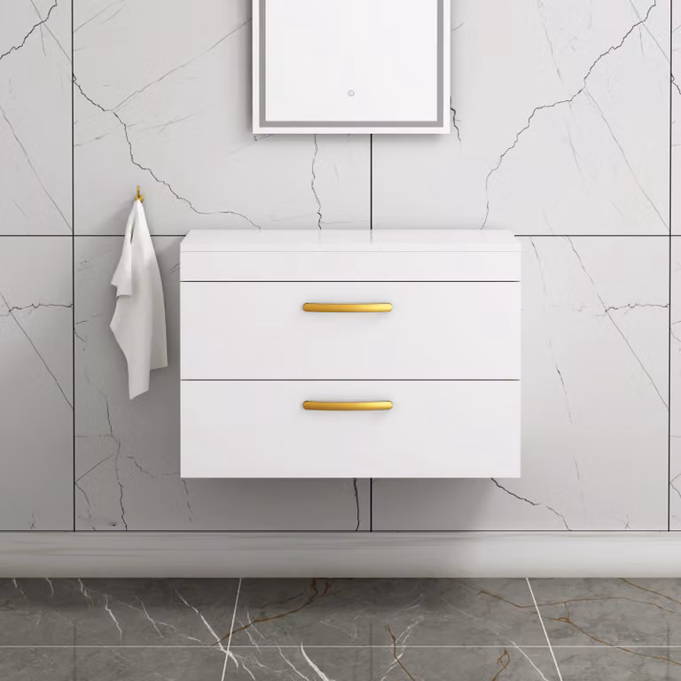 Royal Bathrooms Gloss White Wall Hung 2 Drawer Vanity Unit with Brushed Brass Handles