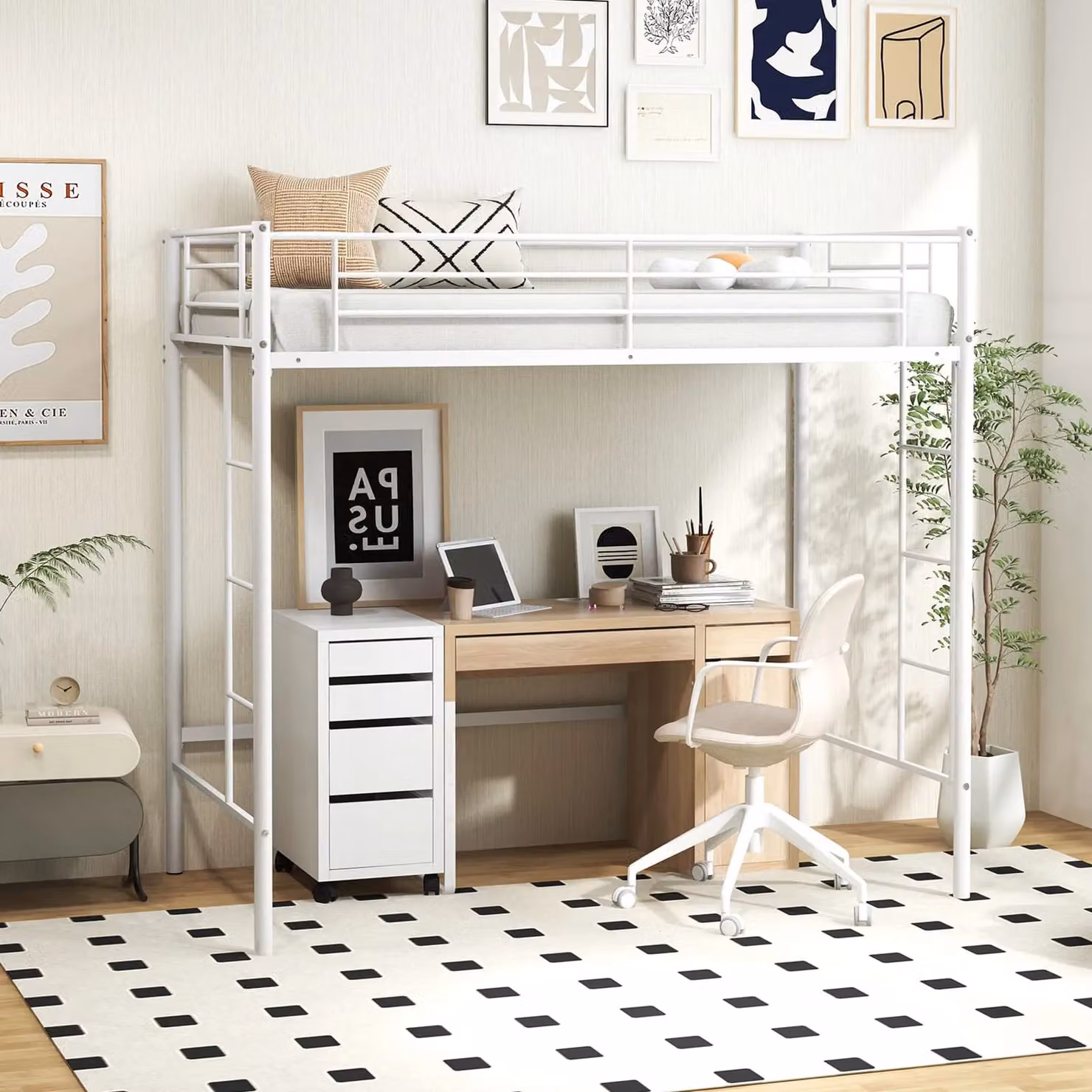 Costway Metal Single Loft Bed Frame in White – 3
