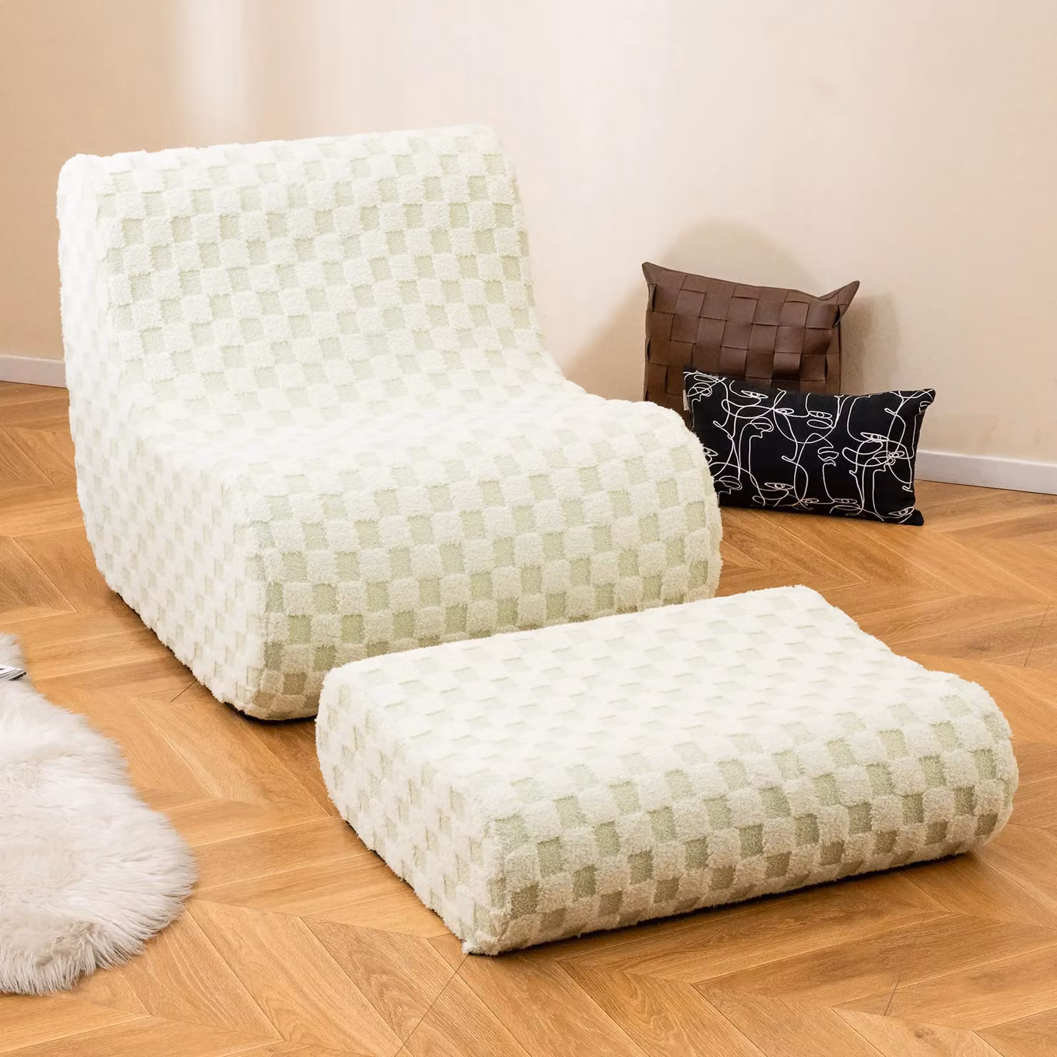 Costway Accent Bean Bag Chair and Ottoman Lazy Sofa Set with Washable Cover in Beige – 2