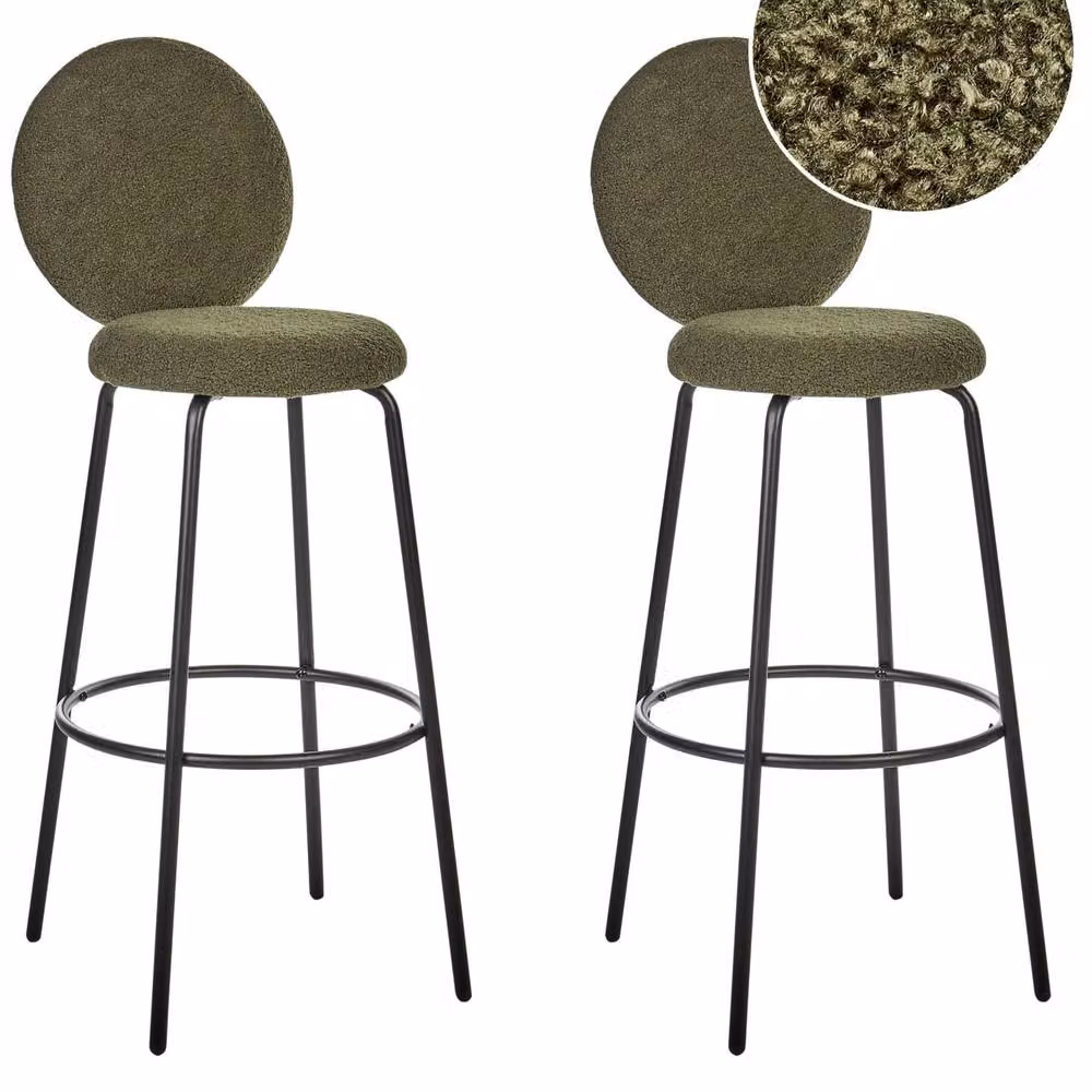 Wyld and Coco Astra Set of 2 Green Boucle Bar Stools with Black Metal Legs – 2