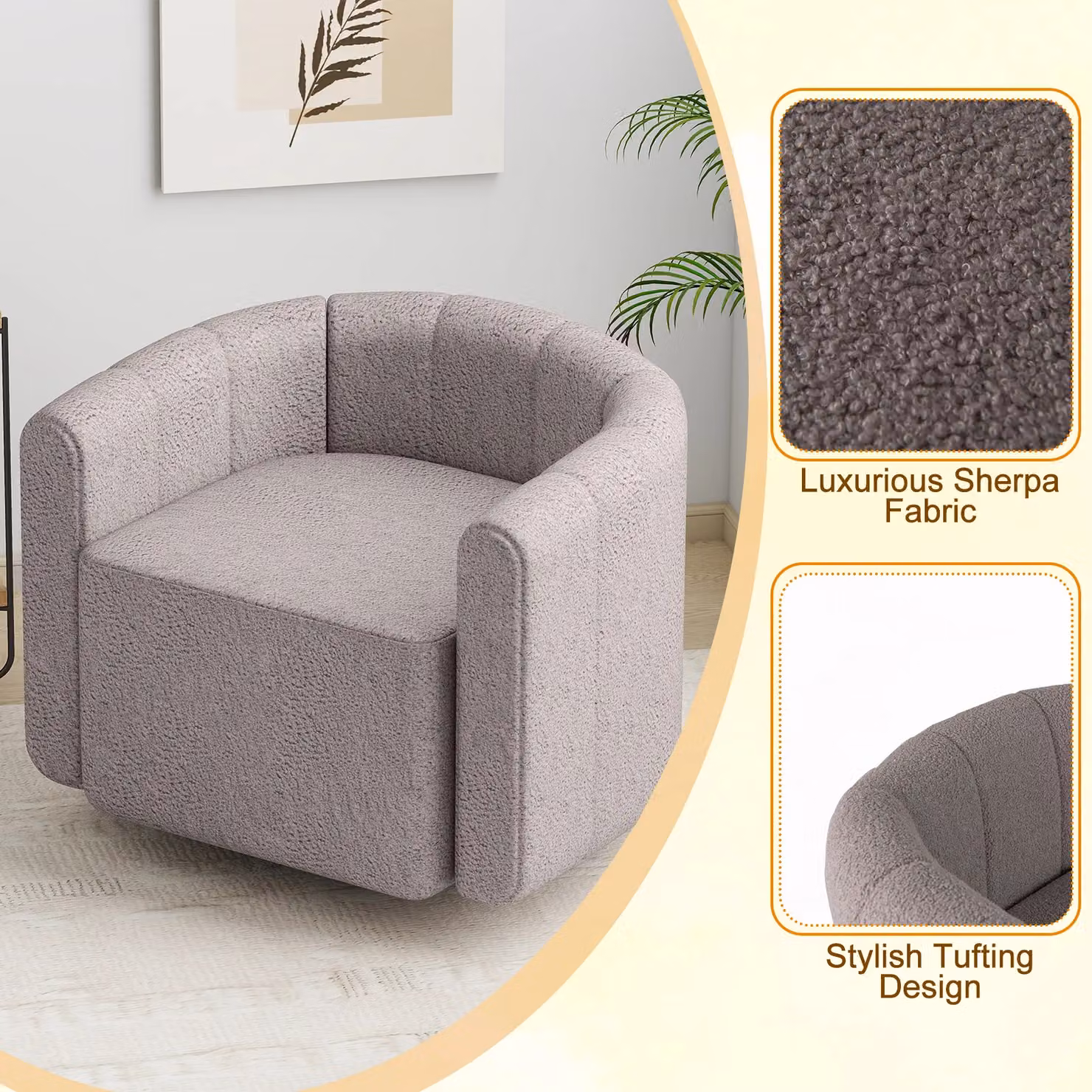 Gymax White Sherpa Bouclé Swivel Barrel Accent Chair with Solid Wood Frame – 2