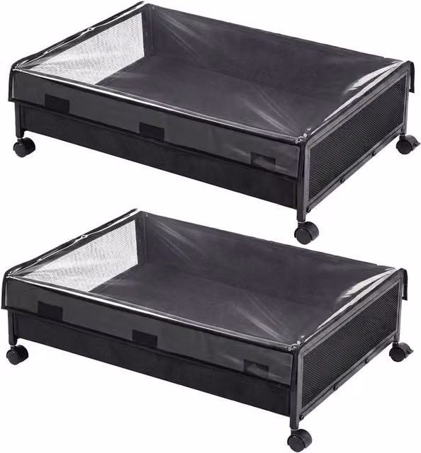 VOGREX 48L Black Metal Under Bed Storage Box with Lid and Castors