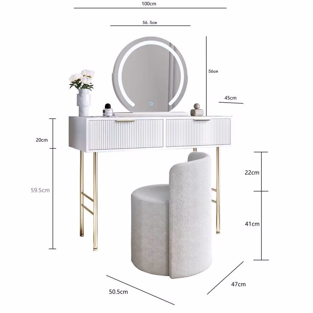 CARME HOME Esme Dressing Table with Elsie LED Mirror in White and Lottie Bouclé Stool in White – 5